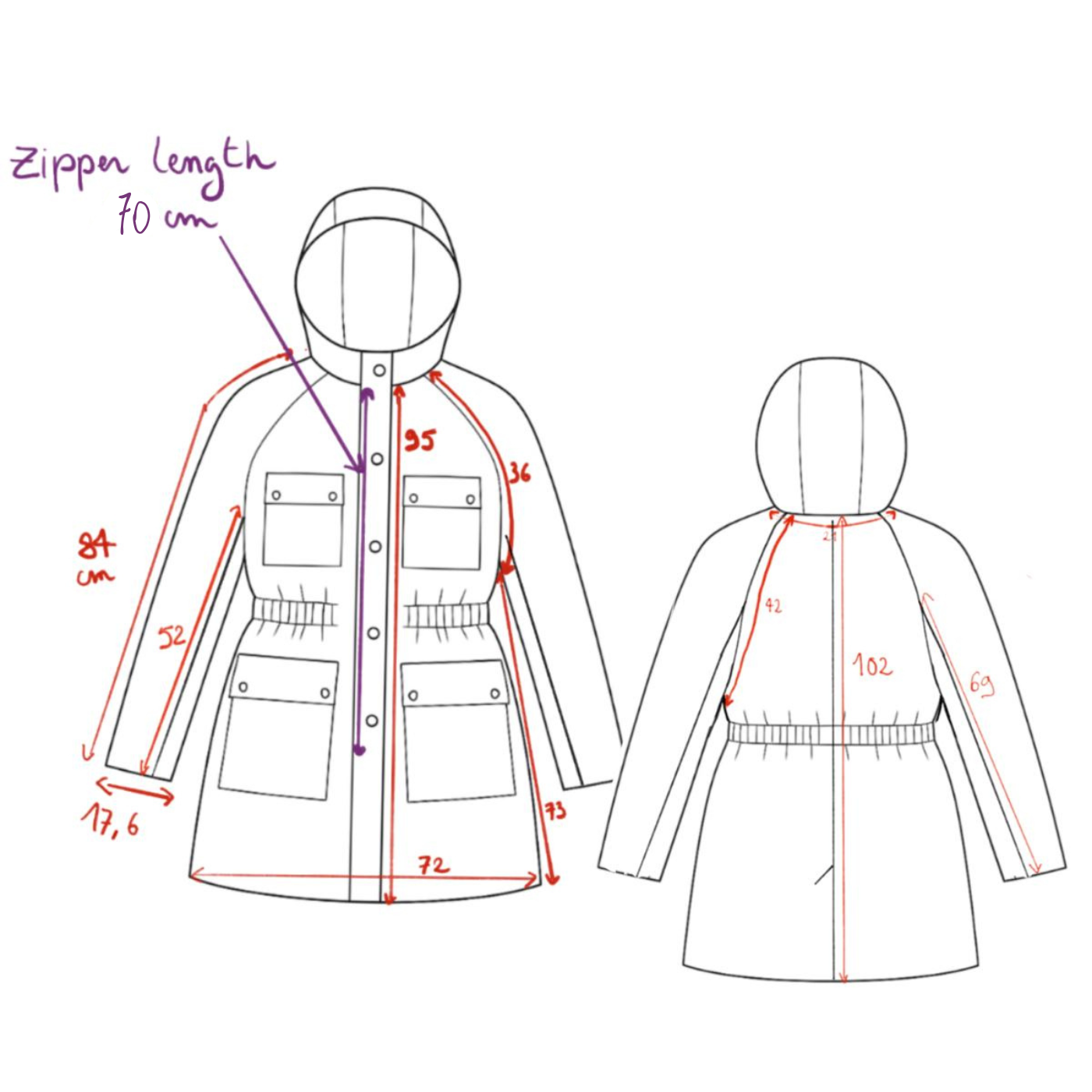 Measurement drawing of the DISPATCH parka, size L
