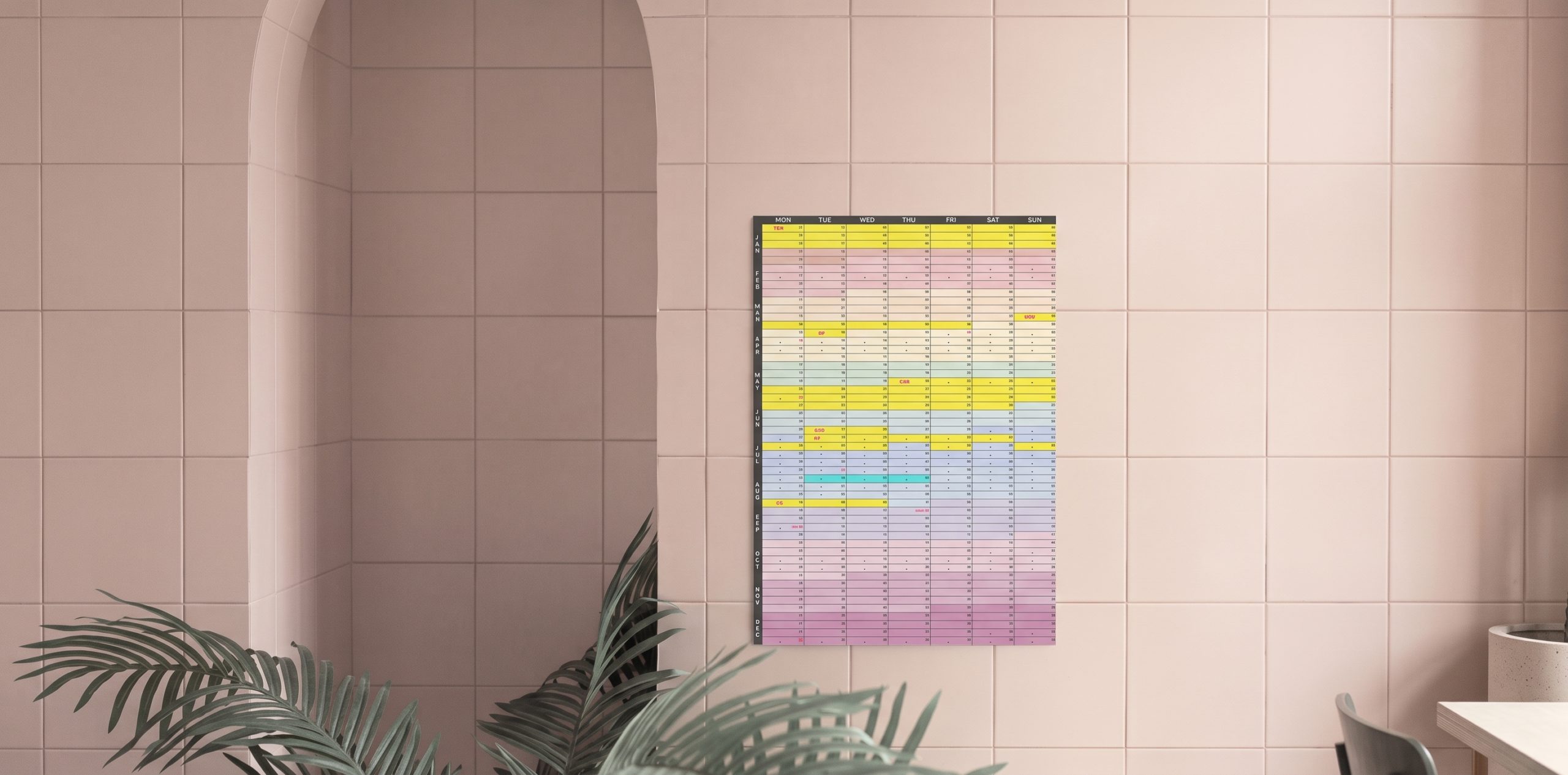 The lin-yearly calendar printed at A0 and hung on an interior wall