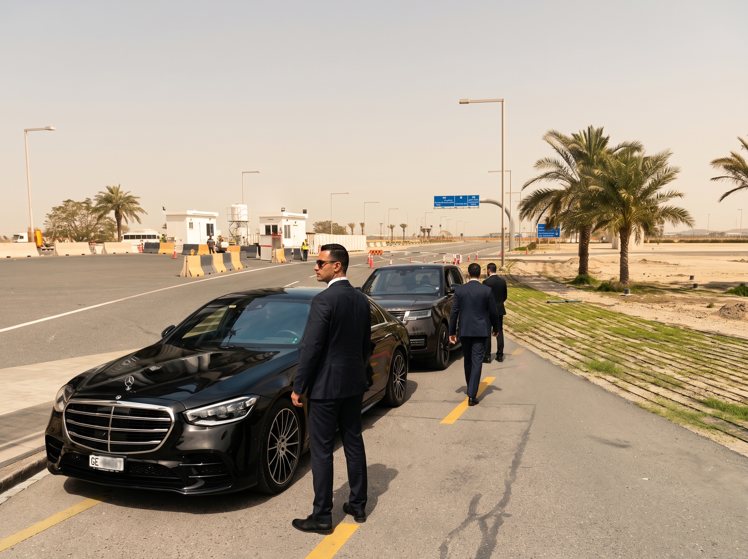 Chauffeurs in dark suits standing by a line of black cars on a desert road, palm trees and a city skyline beyond