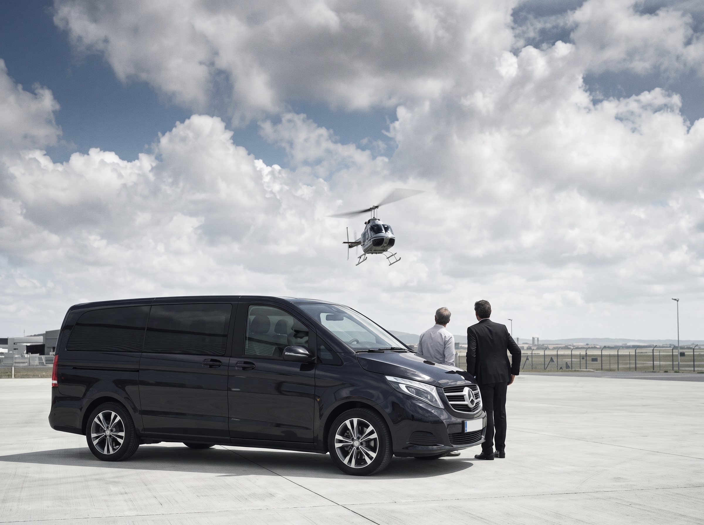 A chauffeur stands beside a black car on an airfield while a helicopter lifts off behind him